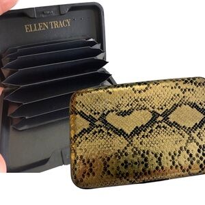 New Ellen Tracy Gold and Black Snakeskin hard case multi card wallet w/ button